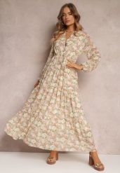 Jasnoróżowa Sukienka Maxi Ściągana w Pasie z Metaliczną Nitką i Rozkloszowanym Dołem Kiaza. Czerwone sukienki Renee, na co dzień, l, bez wzorów, eleganckie, bez kołnierzyka, bez ramiączek, maxi, proste. W wyprzedaży za 132.99 zł.