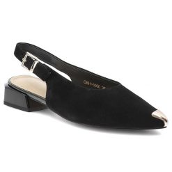 Czółenka damskie S.Barski, cholewka ze skóry naturalnej zamszowej elegancki fason slingback niski stabilny obcas, czarne, CR61-3050. Czarne czółenka S.BARSKI, bez wzorów, ze skóry, biznesowe, bez obcasa, na obcasie, bez zapięcia. Za 289.00 zł.