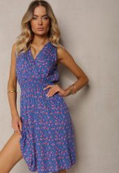 Granatowa Kopertowa Sukienka z Wiskozy w Kwiaty Wykończona Gumką w Talii Innavia. Niebieskie sukienki Renee, na co dzień, m, bez wzorów, z wiskozy, bez kołnierzyka, bez ramiączek, midi, kopertowe. W wyprzedaży za 43.99 zł.
