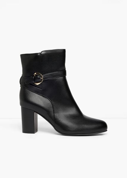 Botki na obcasie klockowym. Czarne botki bonprix, bez wzorów, bez obcasa, na obcasie, bez zapięcia. Za 189.99 zł.