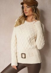 Beżowy Sweter w Delikatny Splot z Ozdobną Klamrą i Paskiem na Dole Rievea. Brązowe swetry Renee, m, z aplikacjami, z jeansu, biznesowe, bez ramiączek. W wyprzedaży za 87.99 zł.