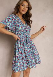Niebieska Kopertowa Sukienka Wiązana Paskiem i Wykończona Gumką Faroena. Niebieskie sukienki Renee, na imprezę, l, bez wzorów, eleganckie, bez kołnierzyka, bez ramiączek, mini, kopertowe. W wyprzedaży za 35.99 zł.
