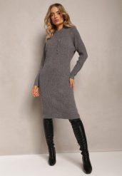 Ciemnoszara Wełniana Sukienka w Prążki z Kapturem Opiuda. Szare sukienki Renee, na co dzień, bez wzorów, z wełny, eleganckie, bez kołnierzyka, bez ramiączek, midi, sportowe. W wyprzedaży za 95.99 zł.