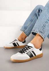 Biało-Czarne Sneakersy Tenisówki z Ozdobnymi Paskami Nelidi. Białe trampki Born2be, bez wzorów, z jeansu, casualowe, bez zapięcia. W wyprzedaży za 72.24 zł.