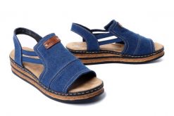RIEKER 62982-12 blue, sandały damskie. Niebieskie sandały Rieker, bez wzorów, bez obcasa, na koturnie, bez zapięcia. Za 299.90 zł.