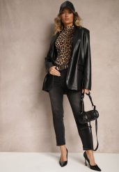 Czarne Jeansy z Bawełną Mom Fit High Waist Ozdobione Paskiem Senowen. Czarne jeansy Renee, bez wzorów, z bawełny, eleganckie, z podwyższonym stanem. W wyprzedaży za 99.99 zł.