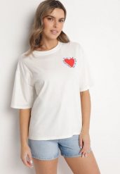 Jasnobeżowy Bawełniany T-shirt z Motywem Serca Liorlie. Brązowe t-shirty Born2be, bez wzorów, z bawełny, klasyczne, bez kołnierzyka, bez ramiączek. Za 99.99 zł.