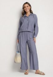 Niebieski Komplet o Kroju Oversize Koszula i Spodnie Ulosarenia. Niebieskie koszule Born2be, l, z aplikacjami, eleganckie, bez kołnierzyka, bez ramiączek. Za 149.99 zł.