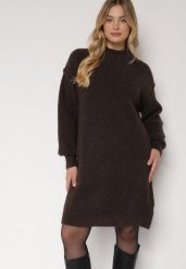 Brązowa Pudełkowa Sukienka Dzianinowa z Domieszką Wełny Netessa. Brązowe sukienki Born2be, bez wzorów, z dzianiny, eleganckie, bez kołnierzyka, bez ramiączek. Za 139.99 zł.