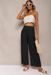 Czarne Spodnie z Bawełny o Kroju Alladynek High Waist Wykończone Gumką w Talii Rissalis. Czarne jeansy Renee, na lato, l, bez wzorów, z bawełny, biznesowe, z podwyższonym stanem. W wyprzedaży za 35.99 zł.