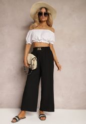 Czarne Spodnie z Szerokimi Nogawkami w Stylu Palazzo High Waist z Gumką w Pasie z Ozdobnym Elementem Ellsiana. Czarne jeansy Renee, l, bez wzorów, z bawełny, eleganckie, z podwyższonym stanem. W wyprzedaży za 35.99 zł.