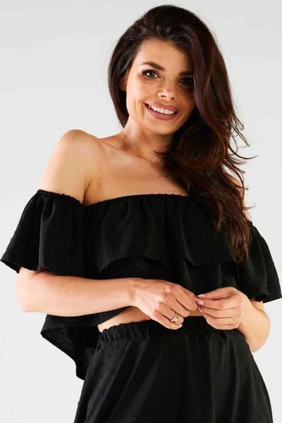 Krótki Top w Hiszpańskim Stylu - Czarna. Czarne topy Awama, l, bez wzorów, z elastanu, bez kołnierzyka, bez ramiączek. Za 149.90 zł.