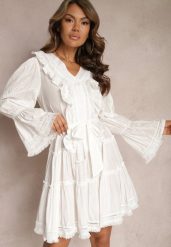 Biała Mini Sukienka o Rozkloszowanym Kroju z Falbankami i Materiałowym Paskiem w Talii Fiorfa. Białe sukienki Renee, m, bez wzorów, z materiału, eleganckie, bez kołnierzyka, bez ramiączek, mini, rozkloszowane. W wyprzedaży za 132.99 zł.