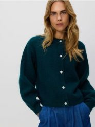 Kardigan z wełną i moherem - zielony. Zielone swetry Reserved, l, bez wzorów, z dzianiny, bez ramiączek. Za 259.99 zł.