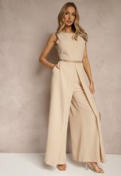 Beżowy Kombinezon Bez Rękawów z Nogawkami Wide Leg Noreldi. Brązowe sukienki Renee, m, bez wzorów, eleganckie, bez kołnierzyka, bez ramiączek. W wyprzedaży za 127.99 zł.