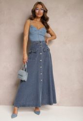 Granatowa Rozkloszowana Spódnica Jeansowa Maxi z Bawełny z Guzikami Brissa. Niebieskie spódnice Renee, na co dzień, m, z aplikacjami, z bawełny, maxi, proste. Za 159.99 zł.