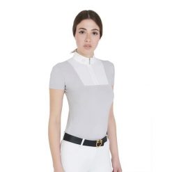 Damska koszula konkursowa slim fit z krótkim rękawem. Białe koszule EQUESTRO, l, z aplikacjami, z bawełny, bez kołnierzyka, bez ramiączek. Za 361.62 zł.