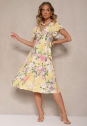 Żółta Kopertowa Sukienka w Kwiaty Atesalia. Żółte sukienki Renee, na co dzień, m, bez wzorów, eleganckie, bez kołnierzyka, bez ramiączek, midi, kopertowe. W wyprzedaży za 91.99 zł.