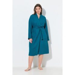 Damskie Szlafrok kołnierz szalowy pasek pika waflowa długi rękaw. Niebieskie szlafroki damskie Ulla Popken, plus size, bez wzorów, z bawełny, bez ramiączek, długie. Za 279.99 zł.