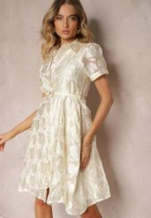 Beżowa Koktajlowa Taliowana Sukienka o Kroju Koszulowym Ozdobiona Paskiem z Perełką Vimalette. Brązowe sukienki Renee, na imprezę, m, bez wzorów, klasyczne, bez kołnierzyka, bez ramiączek, midi, koszulowe. Za 249.99 zł.