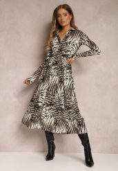 Beżowo-Czarna Sukienka Nellera. Brązowe sukienki Renee, l, bez wzorów, eleganckie, bez kołnierzyka, bez ramiączek, midi, dopasowane. W wyprzedaży za 139.99 zł.