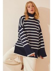 Happiness Istanbul Sweter w kolorze granatowo-białym rozmiar: onesize. Białe swetry Happiness Istanbul, bez wzorów, ze splotem, bez ramiączek. Za 81.65 zł.