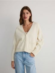 Bawełniany kardigan - kremowy. Białe swetry Reserved, l, bez wzorów, z bawełny, bez ramiączek. Za 139.99 zł.