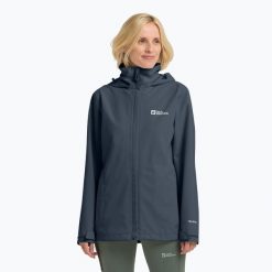 Kurtka przeciwdeszczowa damska Jack Wolfskin Trailtime 2L. Niebieskie kurtki przeciwdeszczowe Jack Wolfskin, l, bez wzorów, bez kaptura, trekkingowe. Za 439.99 zł.