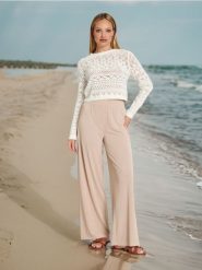 Sweter - kremowy. Białe swetry Sinsay, l, w ażurowe wzory, bez ramiączek. Za 49.99 zł.