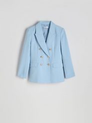 Dwurzędowa marynarka z dodatkiem wiskozy - jasnoniebieski. Niebieskie marynarki i żakiety Reserved, l, bez wzorów, z tkaniny, bez ramiączek. W wyprzedaży za 119.99 zł.