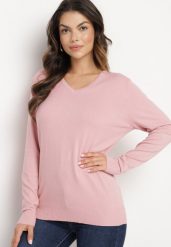 Różowy Sweter o Prostym Kroju z Dekoltem w Serek Sinorriel. Czerwone swetry Born2be, s, z aplikacjami, z jeansu, bez ramiączek. W wyprzedaży za 42.49 zł.
