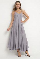 Niebieska Rozkloszowana Sukienka z Wiskozy z Cyrkoniami Ellitana. Szare sukienki Born2be, na co dzień, l, bez wzorów, z wiskozy, eleganckie, bez kołnierzyka, bez ramiączek, maxi, rozkloszowane. Za 109.99 zł.