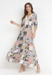 Szaro-Czarna Rozkloszowana Sukienka Maxi w Patchworkowy Wzór Daliah. Szare sukienki Born2be, l, z aplikacjami, bez kołnierzyka, bez ramiączek, maxi, rozkloszowane. Za 139.99 zł.