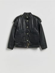 Kurtka z owczej skóry - czarny. Czarne kurtki Reserved, l, bez wzorów, ze skóry, bez kaptura. Za 699.99 zł.