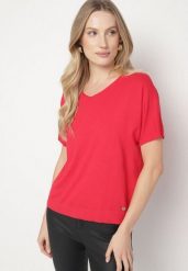 Czerwona Dzianinowa Bluzka z Dekoltem w Kształcie Litery V Fenima. Czerwone bluzki Born2be, l, bez wzorów, z dzianiny, biznesowe, bez kołnierzyka, bez ramiączek. Za 49.99 zł.