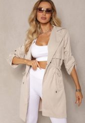 Beżowa Kurtka w Stylu Parki z Troczkiem w Talii i Wywiniętym Kołnierzykiem Vetaipa. Brązowe kurtki Renee, l, bez wzorów, z jeansu, biznesowe, bez kaptura. Za 179.99 zł.