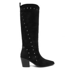 Kozaki DeeZee. Czarne kozaki DeeZee, bez wzorów, bez obcasa, na słupku, bez zapięcia. Za 249.99 zł.