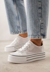 Białe Trampki na Grubej Podeszwie z Plecioną Cholewką Nalivera. Białe trampki Born2be, bez wzorów, z jeansu, rockowe, bez zapięcia. Za 79.99 zł.