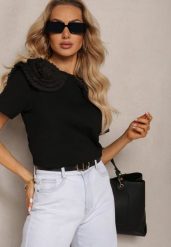 Czarny T-shirt z Bawełny Wykończony Ozdobnymi Elementami Kililena. Czarne t-shirty Renee, s, z aplikacjami, z bawełny, biznesowe, bez kołnierzyka, bez ramiączek. W wyprzedaży za 39.99 zł.