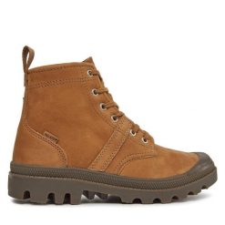 Trapery Palladium. Brązowe traperki Palladium, bez wzorów, bez obcasa, bez zapięcia. Za 769.99 zł.