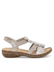 Rieker Sandały 62850-90 Beżowy. Brązowe sandały Rieker, bez wzorów, z syntetyku, bez obcasa, na płaskiej podeszwie, bez zapięcia. Za 289.99 zł.