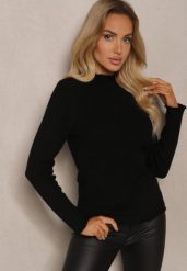 Czarny Sweter z Wełną przy Dekolcie Ozdobiony Falbanką Seatoria. Czarne swetry Renee, z aplikacjami, z jeansu, casualowe, bez ramiączek. W wyprzedaży za 71.99 zł.