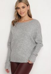 Szary Sweter z Lnem i Dekoltem w Łódkę o Kroju Oversize Sassirra. Szare swetry Born2be, l, bez wzorów, z jeansu, biznesowe, bez ramiączek. W wyprzedaży za 118.99 zł.