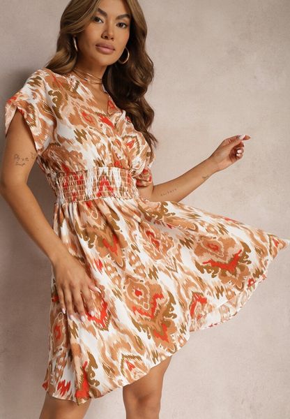 Ciemnobeżowa Sukienka Rozkloszowana z Trójkątnym Dekoltem i Gumką w Talii Darrla. Brązowe sukienki Renee, na co dzień, l, bez wzorów, wakacyjne, bez kołnierzyka, bez ramiączek, mini, rozkloszowane. Za 59.99 zł.