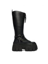 Buffalo Kozaki Gospher Biker Hi 1270131 Czarny. Czarne kozaki Buffalo, bez wzorów, ze skóry, bez obcasa, na koturnie, bez zapięcia. Za 699.99 zł.