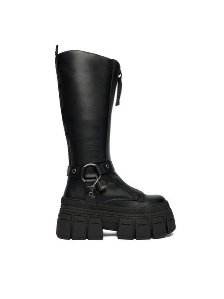 Buffalo Kozaki Gospher Biker Hi 1270131 Czarny. Czarne kozaki Buffalo, bez wzorów, ze skóry, bez obcasa, na koturnie, bez zapięcia. Za 699.99 zł.
