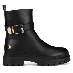 Botki U.S. Polo Assn. Czarne botki U.S. Polo Assn., bez wzorów, bez obcasa, na płaskiej podeszwie, bez zapięcia. Za 239.99 zł.
