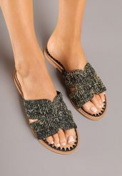Czarne Klapki Vices z Plecioną Cholewką Kovessa. Czarne klapki Born2be, bez wzorów, z jeansu, boho, bez obcasa, na płaskiej podeszwie, bez zapięcia. Za 79.99 zł.
