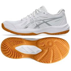 Buty Asics Upcourt 6 W 1072A107-100 białe. Białe buty treningowe bez wzorów, z gumy, bez zapięcia, do siatkówki. Za 396.54 zł.