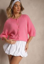 Fuksjowy Kardigan z Rękawem 3/4 z Dodatkiem Wełny Iffarisse. Czerwone swetry Renee, bez wzorów, z jeansu, eleganckie, bez ramiączek. W wyprzedaży za 127.99 zł.
